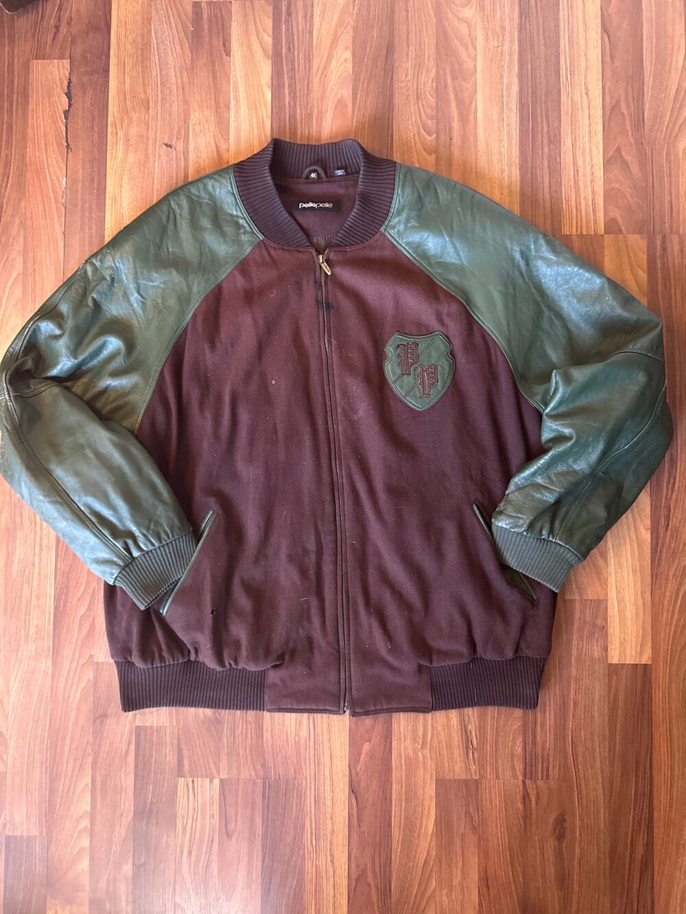 Y2K Pelle Pelle Wool Leather Varsity Bomber Jacket Brown Green 4XL